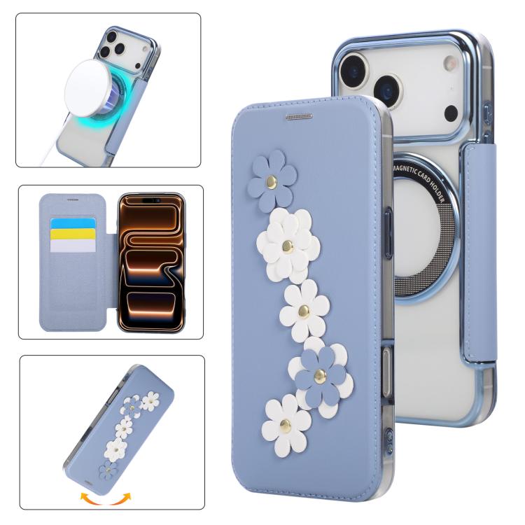 For iPhone 17 Pro Floral Magnetic Electroplated Card Holder Vegan Leather Phone Case(Sierra Blue)