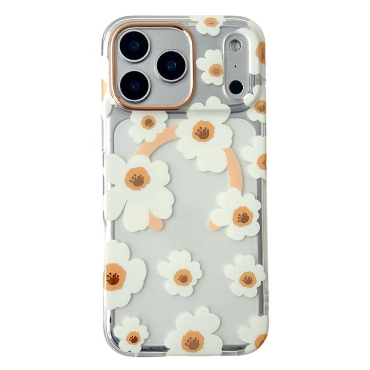 For iPhone 17 Pro Floral Pattern TPU + PC Magnetic Phone Case(White Orange)