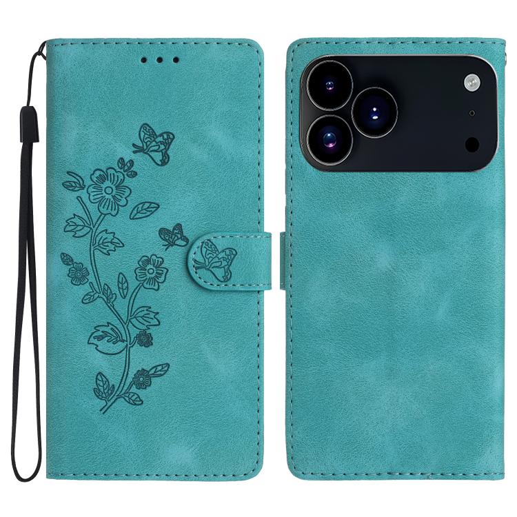 For iPhone 17 Pro Flower Butterfly Embossing Pattern Leather Phone Case(Sky Blue)