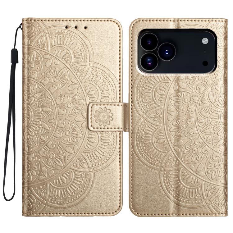 For iPhone 17 Pro Flower Embossed Leather Phone Case(Gold)