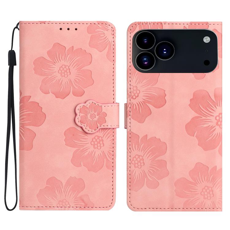 For iPhone 17 Pro Flower Embossing Pattern Leather Phone Case(Pink)