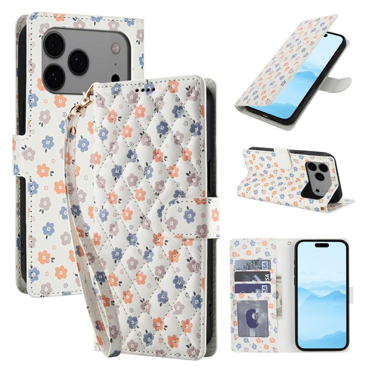 For iPhone 17 Pro Flower Pattern Buckle Leather Phone Case with Lanyard(Florals)