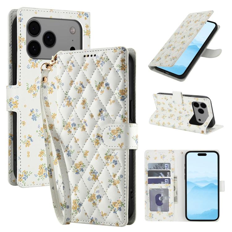 For iPhone 17 Pro Flower Pattern Buckle Leather Phone Case with Lanyard(Yellow Flowers)
