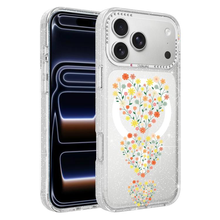 For iPhone 17 Pro Flower Pattern IMD Glitter Magnetic Phone Case(Heart-shaped Flower Clusters)