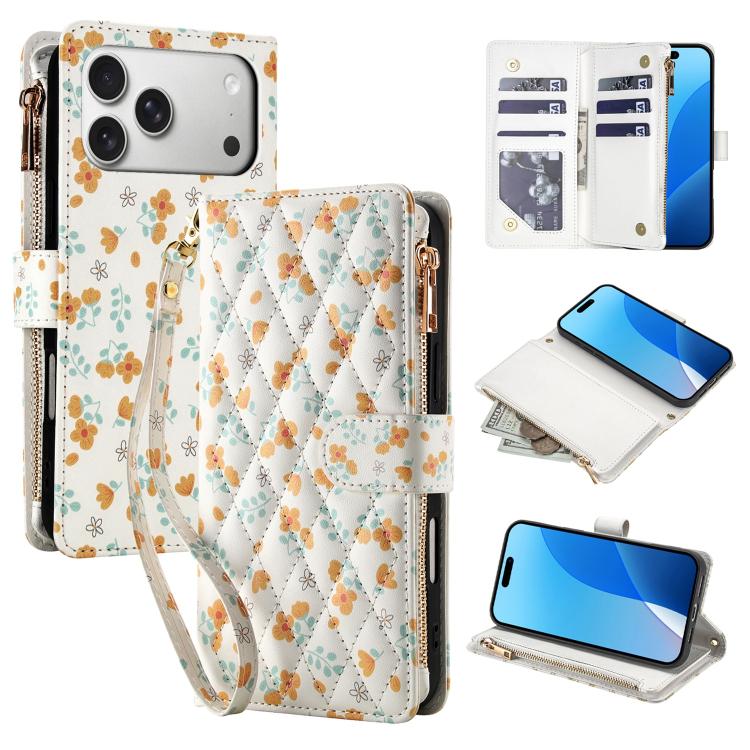 For iPhone 17 Pro Flower Pattern Zipper Wallet Vegan Leather Phone Case with Lanyard(Orange Flowers)