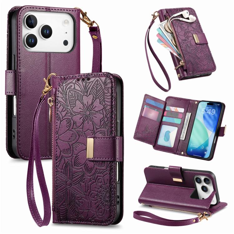 For iPhone 17 Pro Flowers Leaves Zipper Wallet Leather Phone Case with Strap(Purple)