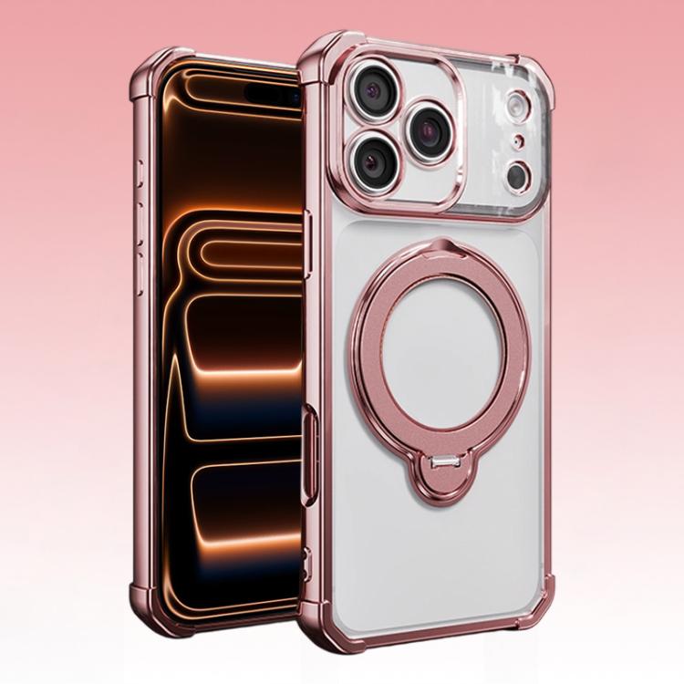 For iPhone 17 Pro Four-Corner Airbags Shockproof Rotation Holder Magnetic Phone Case(Rose Pink)