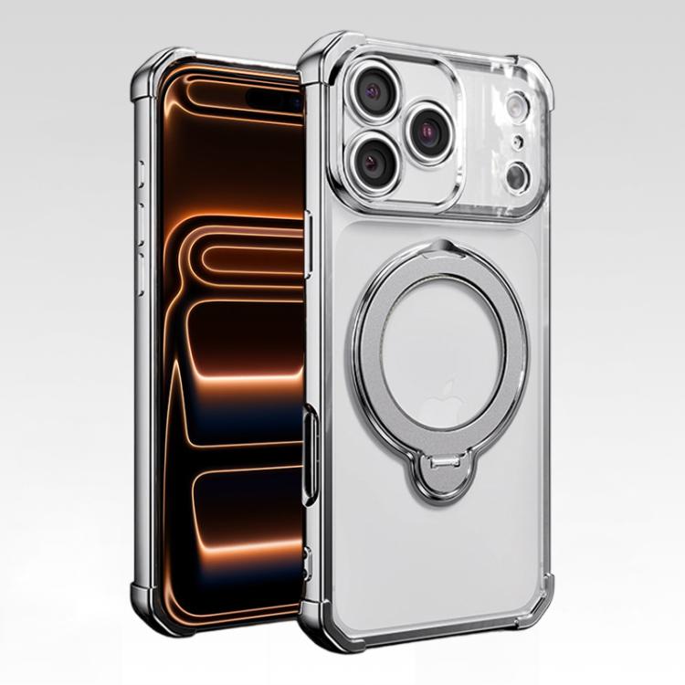 For iPhone 17 Pro Four-Corner Airbags Shockproof Rotation Holder Magnetic Phone Case(Silver)