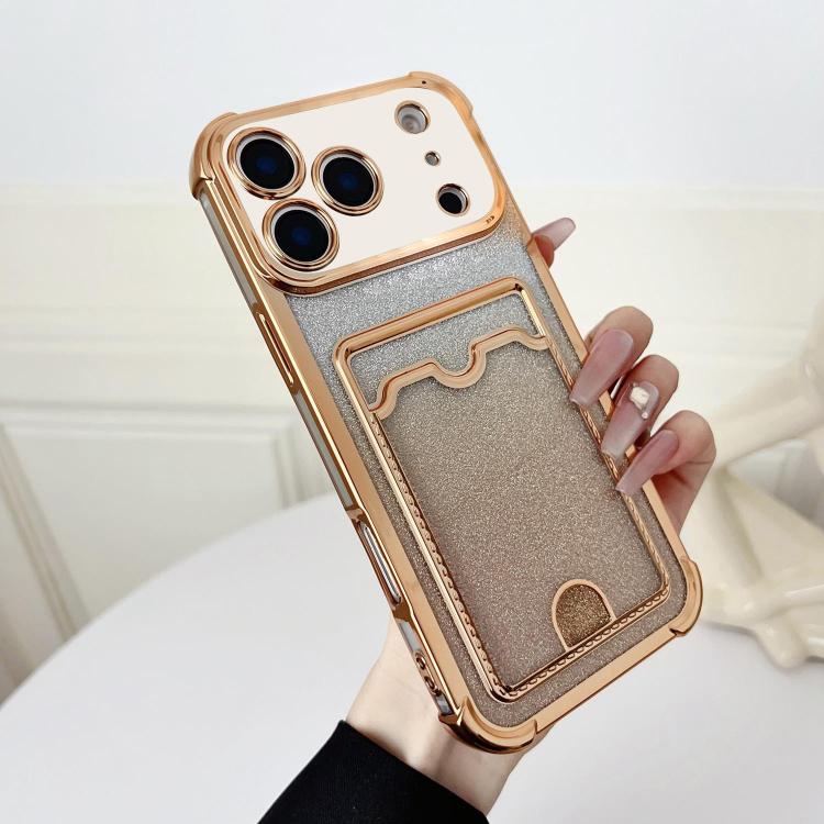 For iPhone 17 Pro Four-cornered Glitter Electroplated Card Bag TPU Phone Case(Gold)