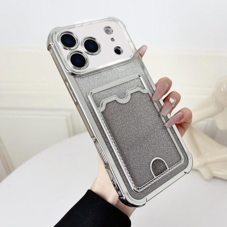 For iPhone 17 Pro Four-cornered Glitter Electroplated Card Bag TPU Phone Case(Silver)