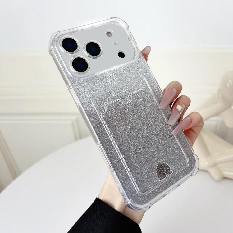 For iPhone 17 Pro Four-cornered Glitter Electroplated Card Bag TPU Phone Case(Transparent)