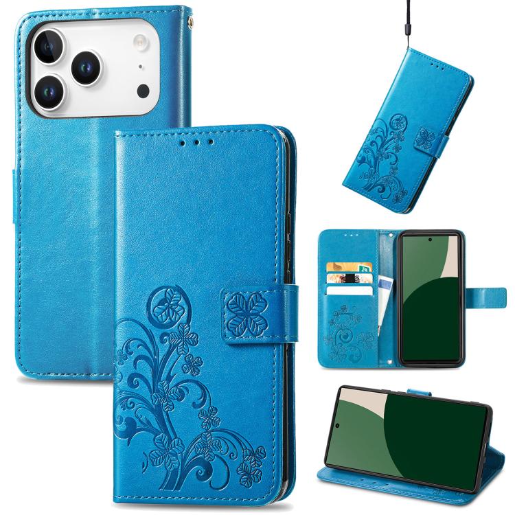 For iPhone 17 Pro Four-leaf Clasp Embossed Buckle Leather Phone Case(Blue)