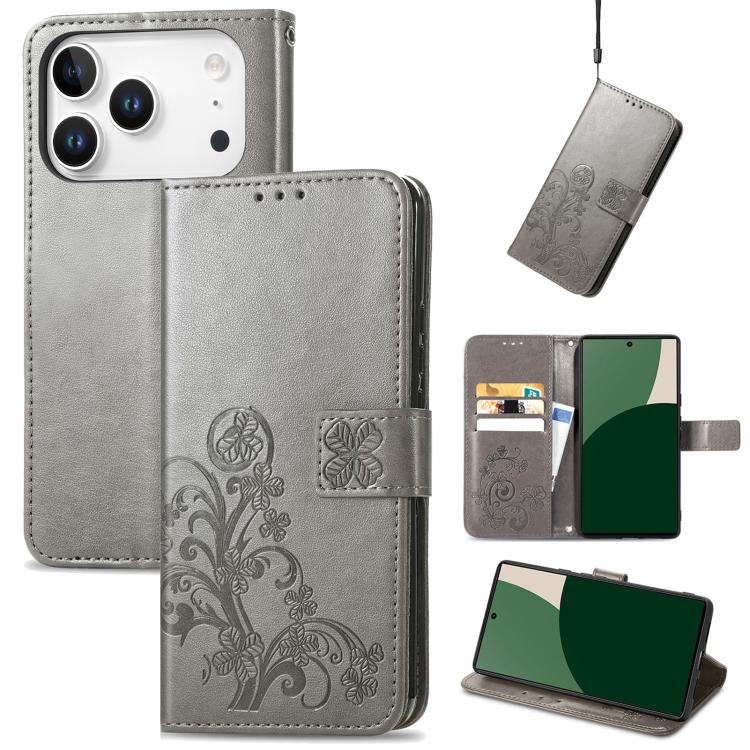 For iPhone 17 Pro Four-leaf Clasp Embossed Buckle Leather Phone Case(Gray)