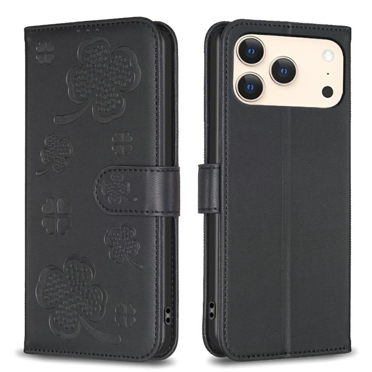 For iPhone 17 Pro Four-leaf Embossed Leather Phone Case(Black)