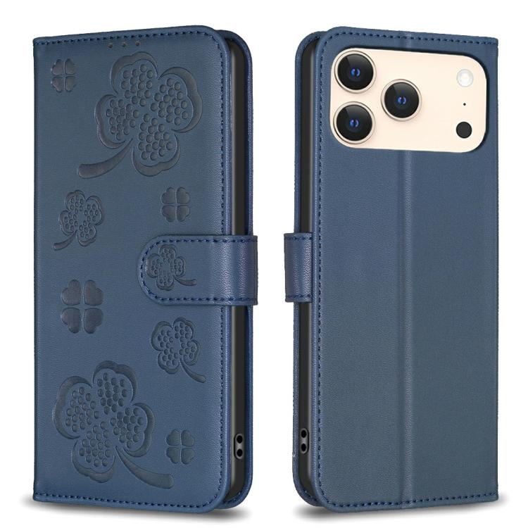 For iPhone 17 Pro Four-leaf Embossed Leather Phone Case(Blue)
