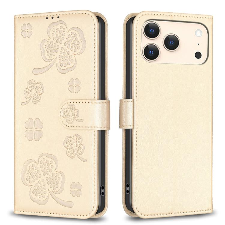 For iPhone 17 Pro Four-leaf Embossed Leather Phone Case(Gold)