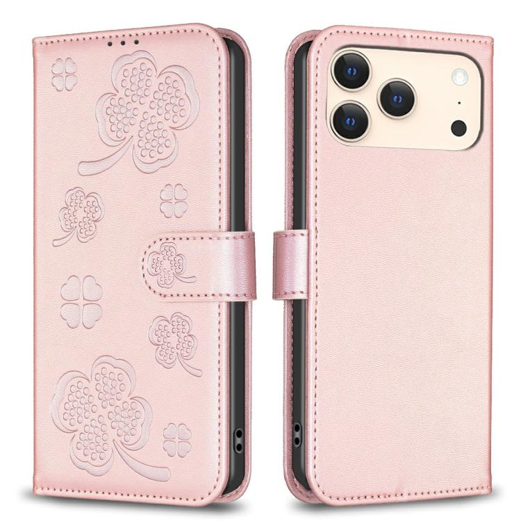 For iPhone 17 Pro Four-leaf Embossed Leather Phone Case(Pink)