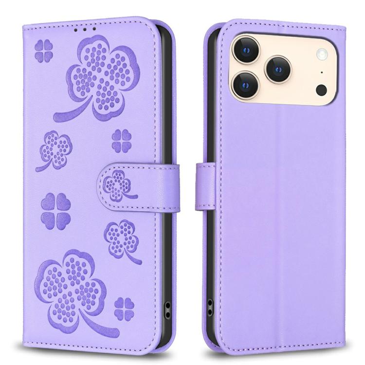 For iPhone 17 Pro Four-leaf Embossed Leather Phone Case(Purple)