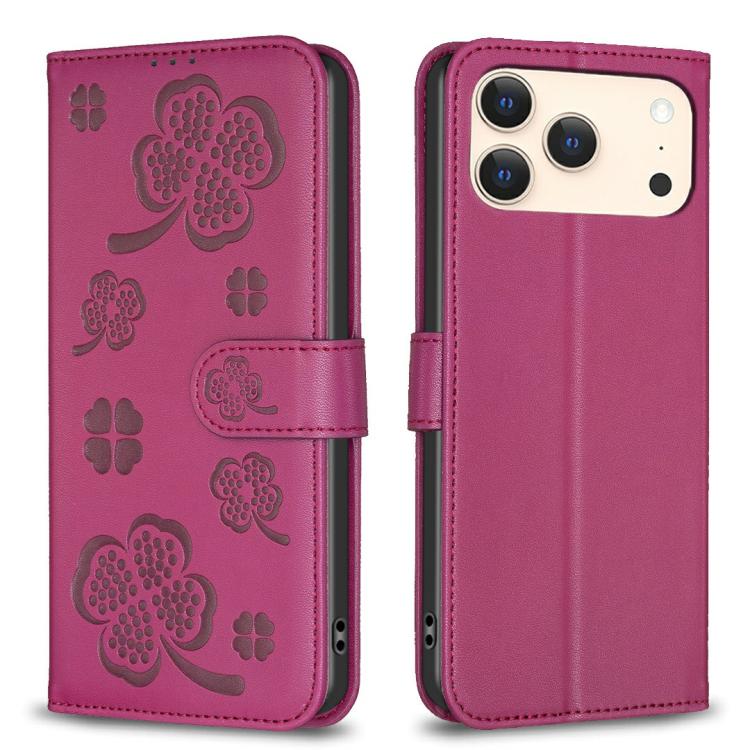 For iPhone 17 Pro Four-leaf Embossed Leather Phone Case(Rose Red)
