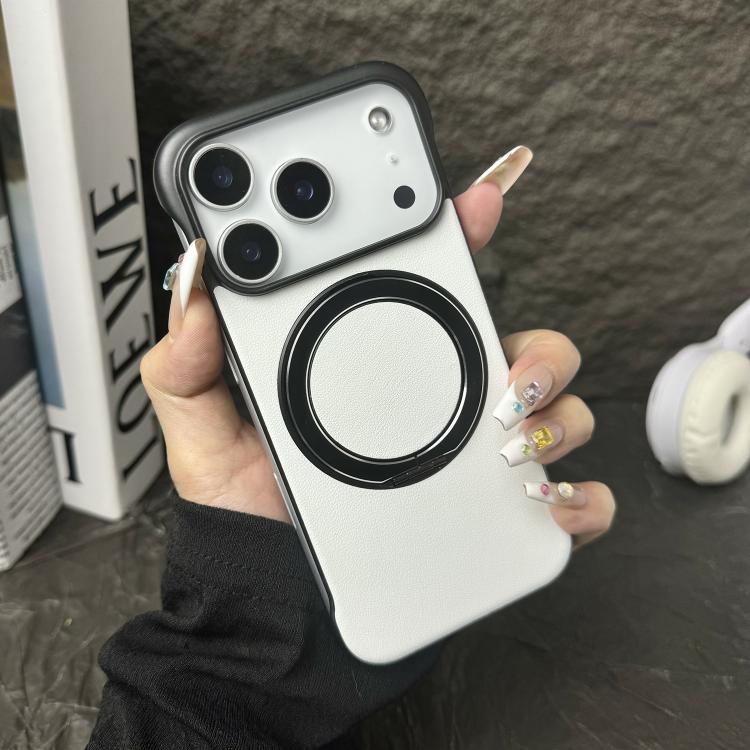 For iPhone 17 Pro Frameless Leather-Skin PC MagSafe Holder Phone Case(Black White)