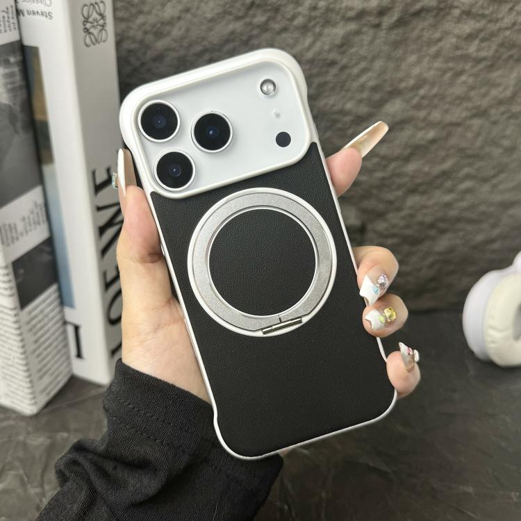 For iPhone 17 Pro Frameless Leather-Skin PC MagSafe Holder Phone Case(White Black)