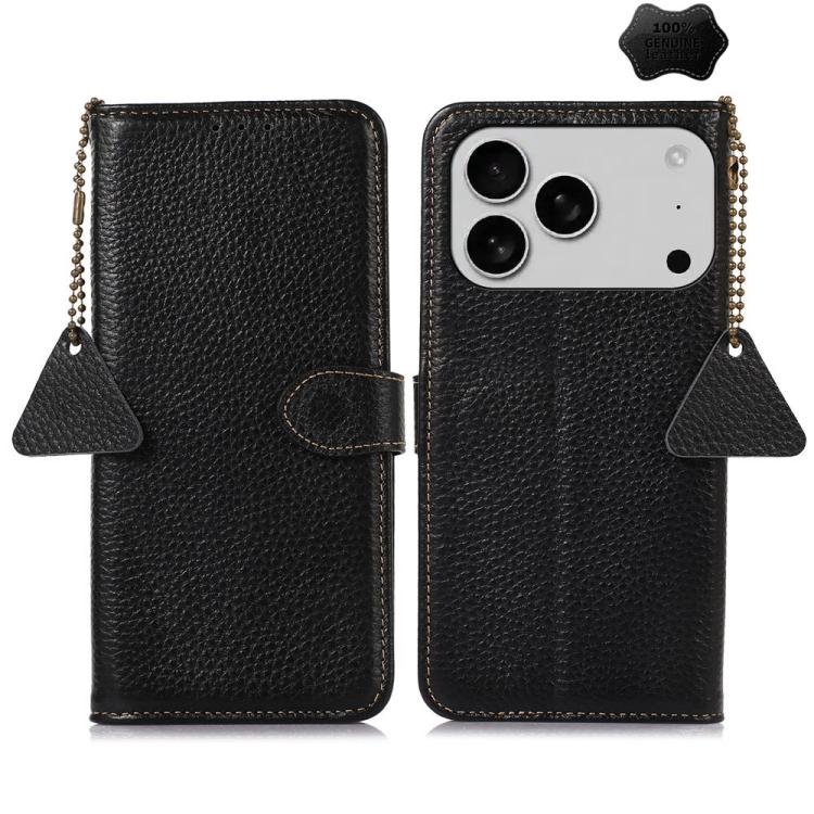 For iPhone 17 Pro Genuine Leather Litchi Texture RFID Leather Phone Case(Black)