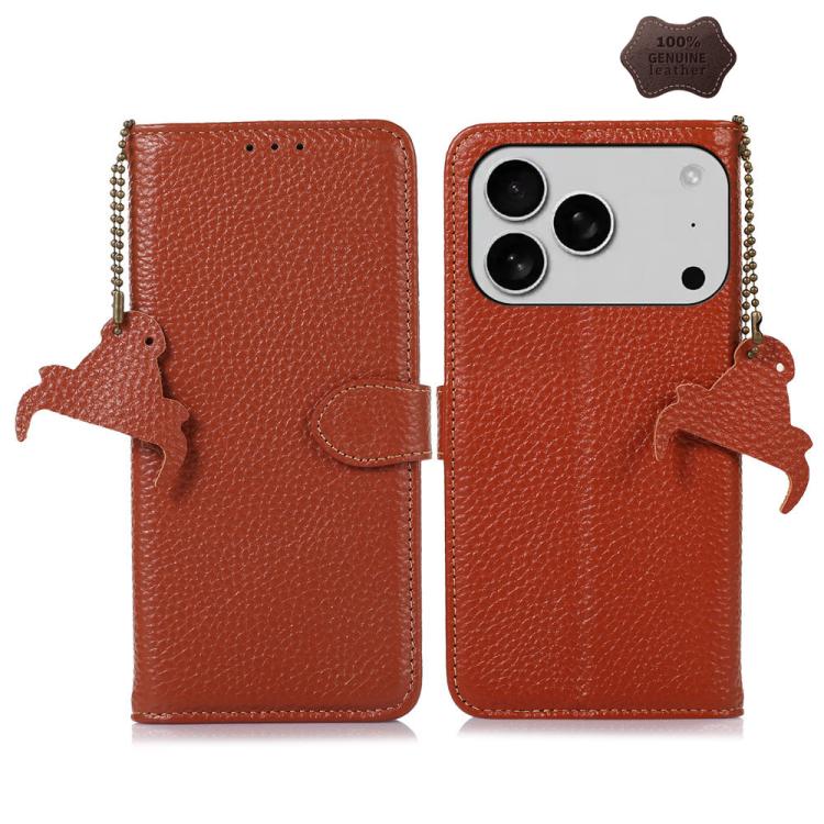 For iPhone 17 Pro Genuine Leather Litchi Texture RFID Leather Phone Case(Coffee)