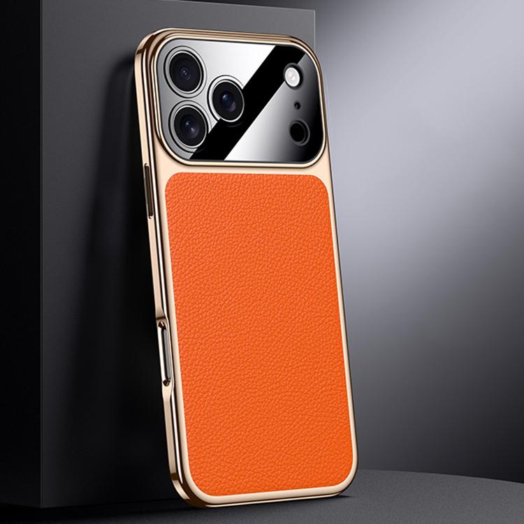 For iPhone 17 Pro Genuine Leather PC Phone Case(Orange)