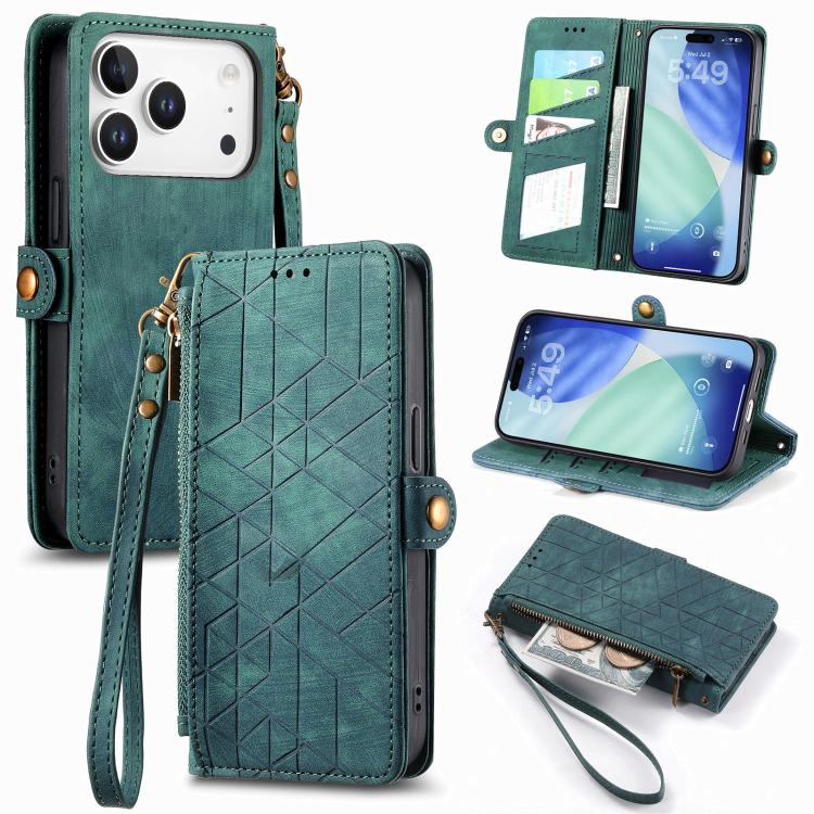 For iPhone 17 Pro Geometric Zipper Wallet Side Buckle Leather Phone Case(Green)