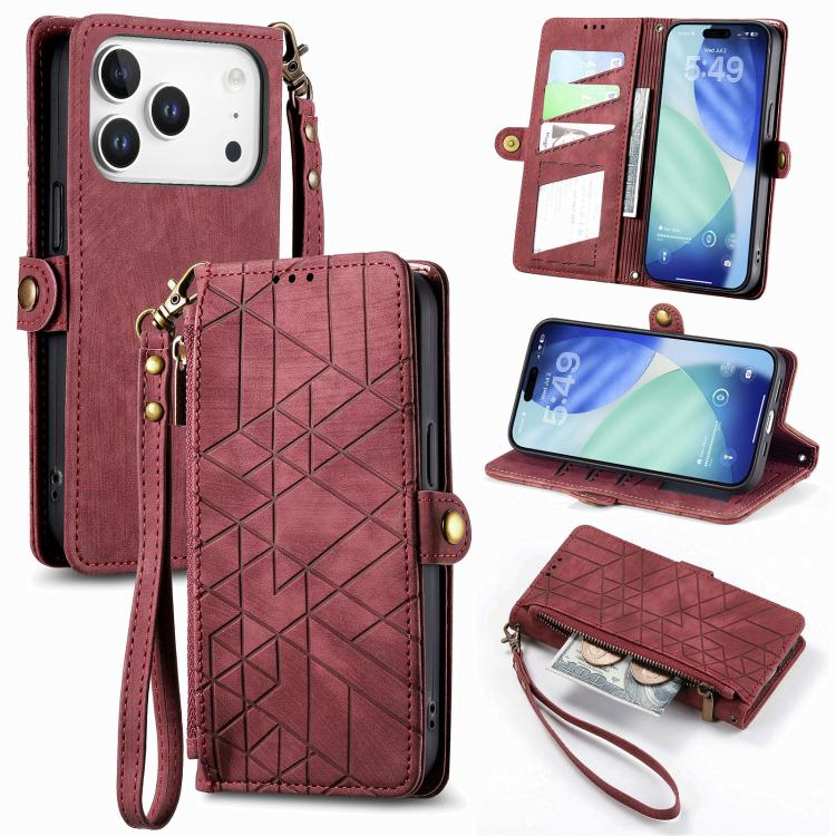 For iPhone 17 Pro Geometric Zipper Wallet Side Buckle Leather Phone Case(Red)