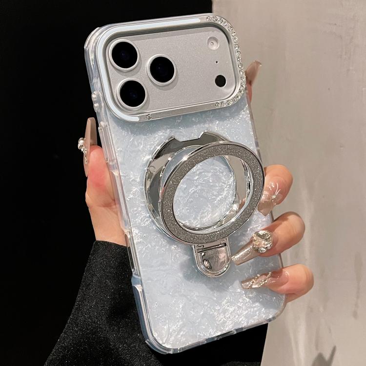 For iPhone 17 Pro Gilded Colorful Shell Patterned TPU+IMD Phone Case with Glitter Magnetic Holder(Light Blue)