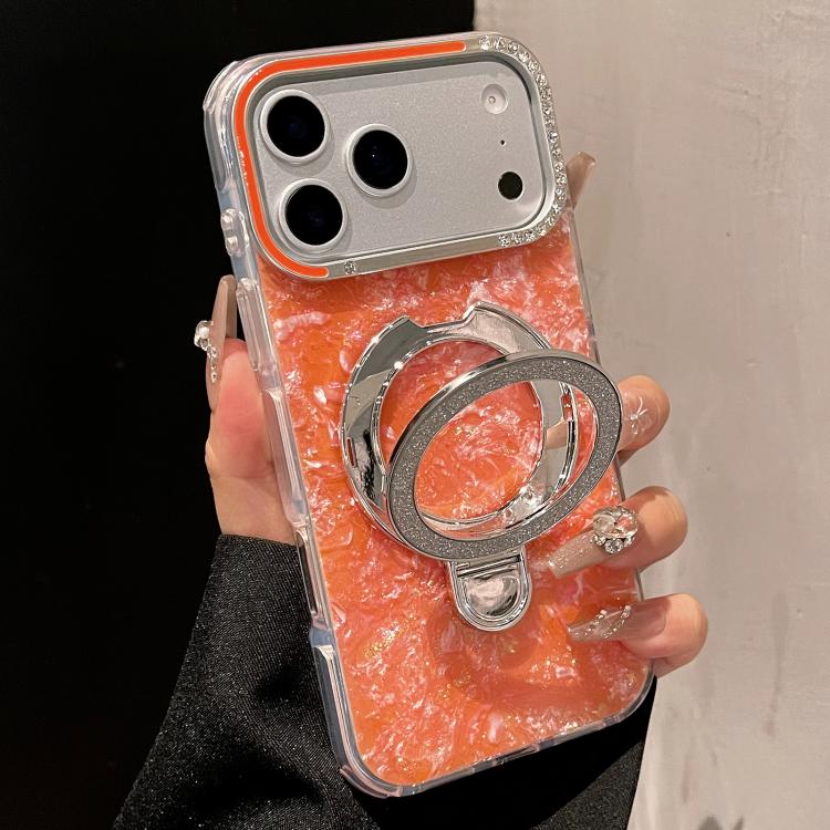 For iPhone 17 Pro Gilded Colorful Shell Patterned TPU+IMD Phone Case with Glitter Magnetic Holder(Orange)