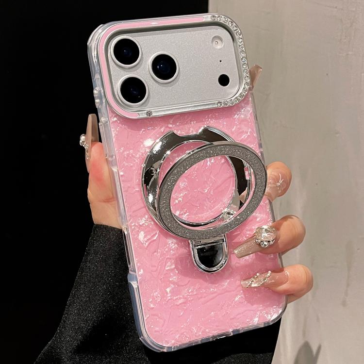 For iPhone 17 Pro Gilded Colorful Shell Patterned TPU+IMD Phone Case with Glitter Magnetic Holder(Pink)