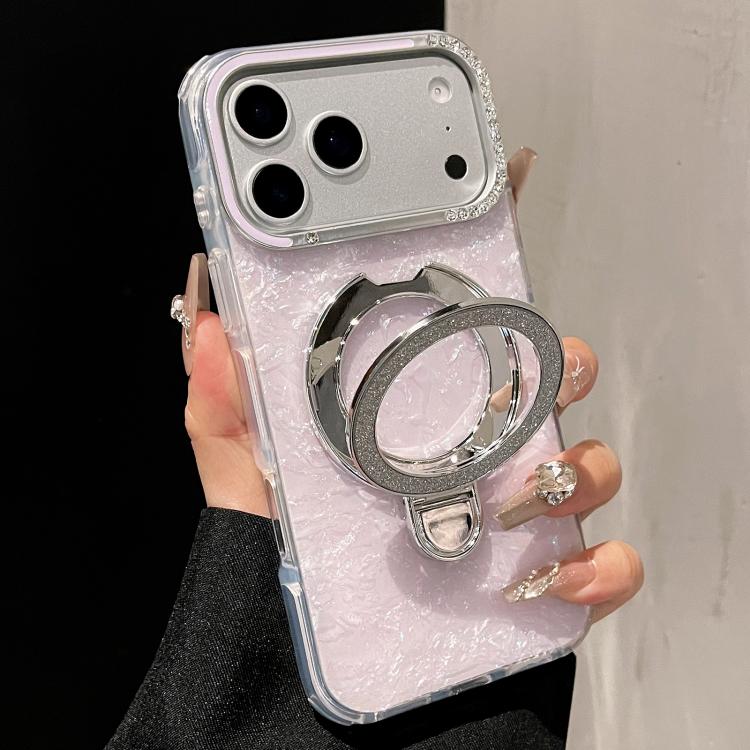 For iPhone 17 Pro Gilded Colorful Shell Patterned TPU+IMD Phone Case with Glitter Magnetic Holder(Purple)