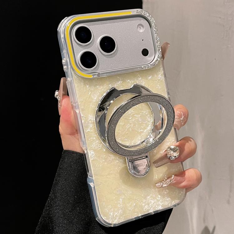 For iPhone 17 Pro Gilded Colorful Shell Patterned TPU+IMD Phone Case with Glitter Magnetic Holder(Yellow)