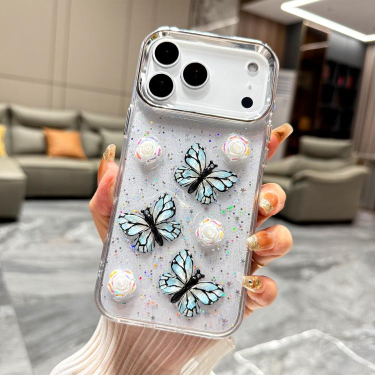 For iPhone 17 Pro Glitter 3D Butterfly TPU Phone Case(Blue)