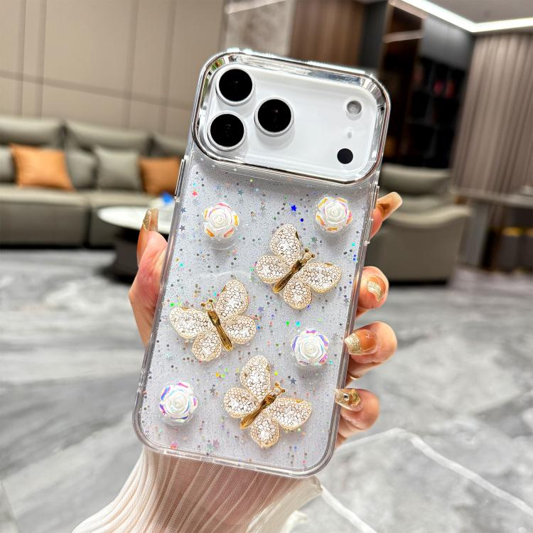 For iPhone 17 Pro Glitter 3D Butterfly TPU Phone Case(Gold)