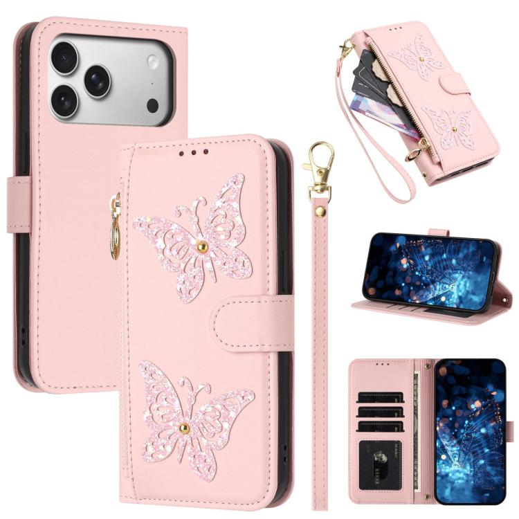 For iPhone 17 Pro Glitter Butterfly Zipper Vegan Leather Phone Case with Wrist Strap(Pink)