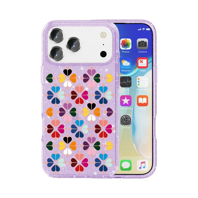 For iPhone 17 Pro Glittering Crystal Red Heart Pattern Phone Case(Purple)