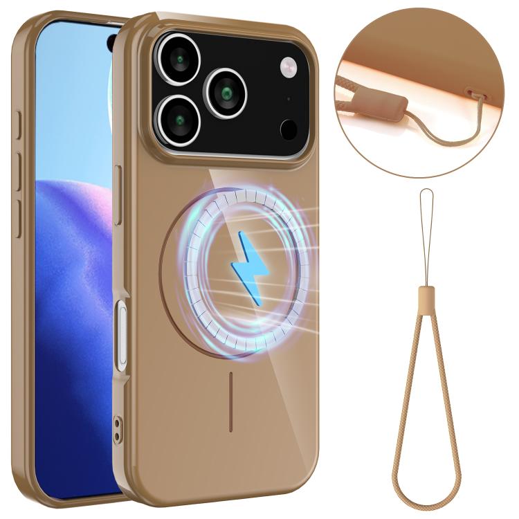 For iPhone 17 Pro Glossy TPU Shockproof MagSafe Phone Case with Lanyard(Gold)