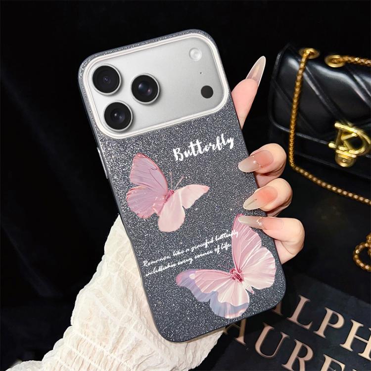 For iPhone 17 Pro Gradient Butterflies Pattern IMD Glitter PC Hybrid TPU Phone Case(Black)