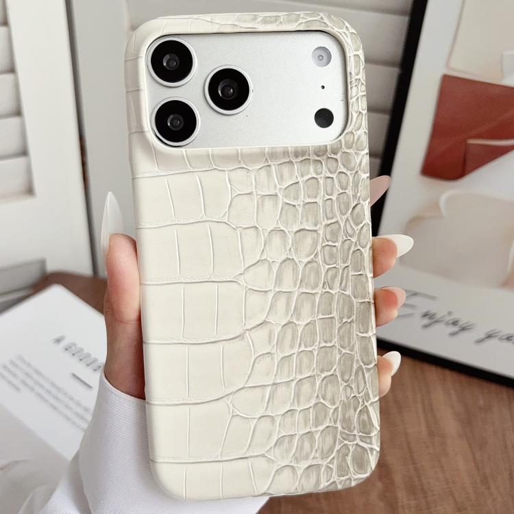For iPhone 17 Pro Gradient Crocodile Texture PU Hybrid PC Phone Case(Left and Right Light Grey White)