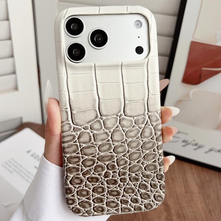 For iPhone 17 Pro Gradient Crocodile Texture PU Hybrid PC Phone Case(Top to Bottom Dark Grey White)