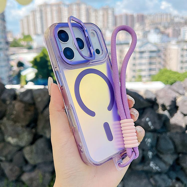 For iPhone 17 Pro Gradient Discolor MagSafe Phone Case with Holder / Wrist Strap(Purple)