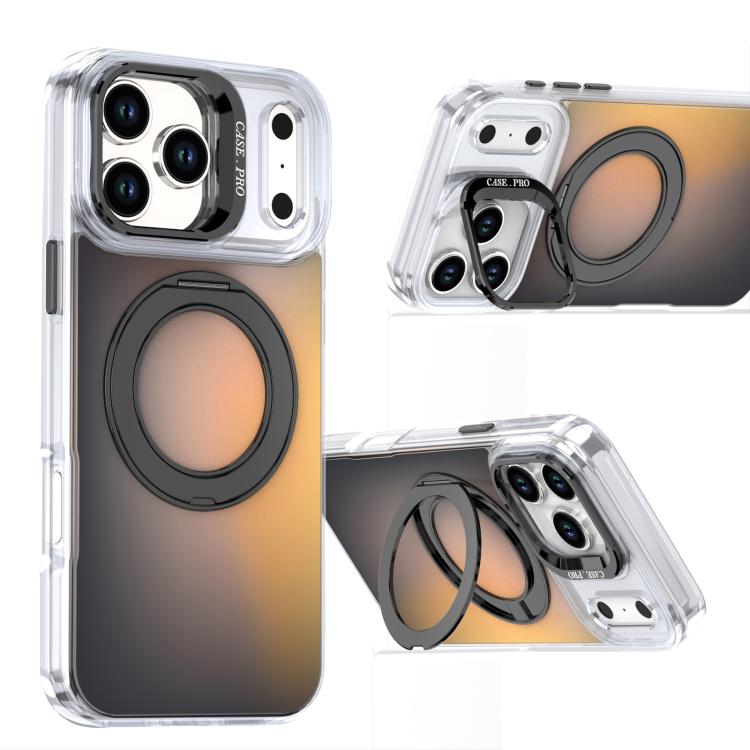 For iPhone 17 Pro Gradient Discolor Rotating Holder Lens Kickstand Magsafe Phone Case(Black)
