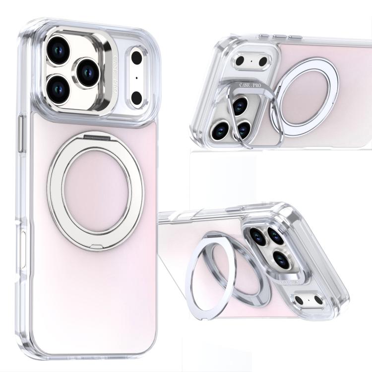 For iPhone 17 Pro Gradient Discolor Rotating Holder Lens Kickstand Magsafe Phone Case(White)