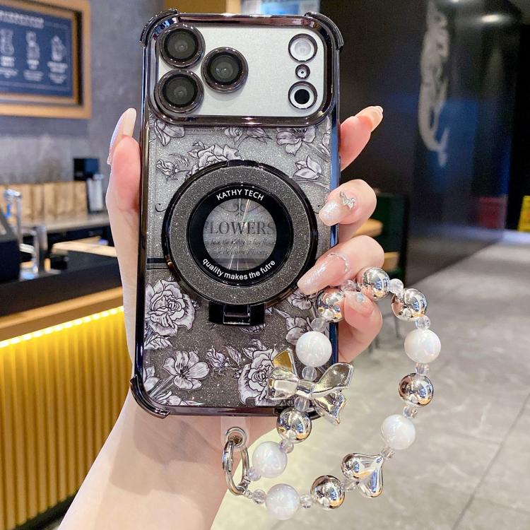 For iPhone 17 Pro Gradient Glitter Flowers Electroplated Phone Case with Wrist Strap(Black)