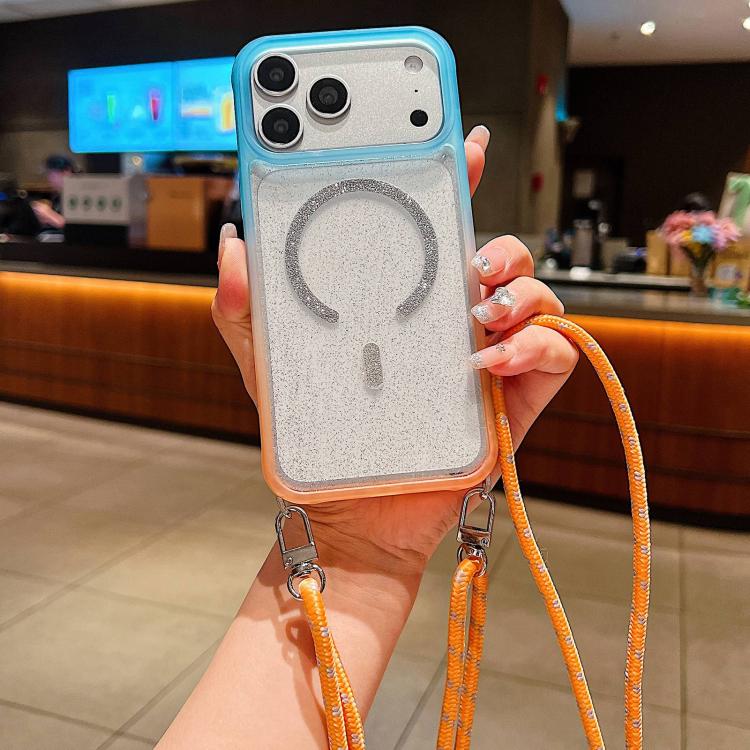 For iPhone 17 Pro Gradient Transparent Glitter Magnetic Phone Case with Long Lanyard(Blue Orange)