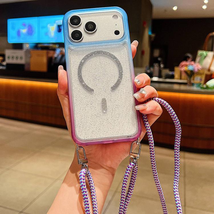For iPhone 17 Pro Gradient Transparent Glitter Magnetic Phone Case with Long Lanyard(Blue Purple)