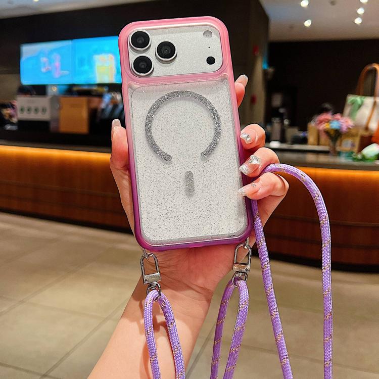 For iPhone 17 Pro Gradient Transparent Glitter Magnetic Phone Case with Long Lanyard(Pink Purple)